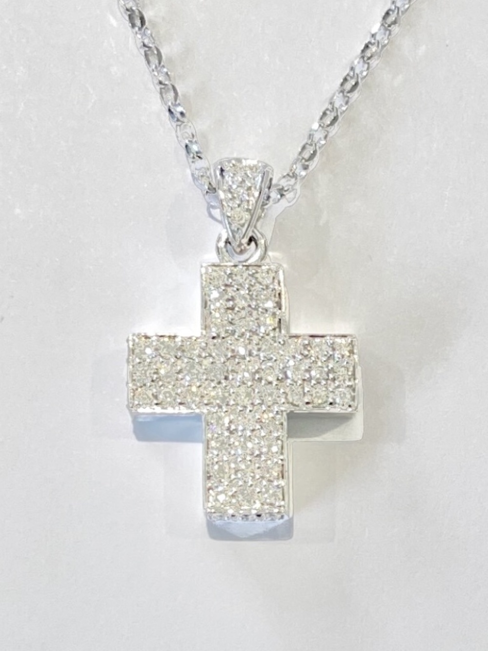14K White Gold DIAMOND 3-D Cross Pendant with 18" Long 14K Rolo Link Necklace